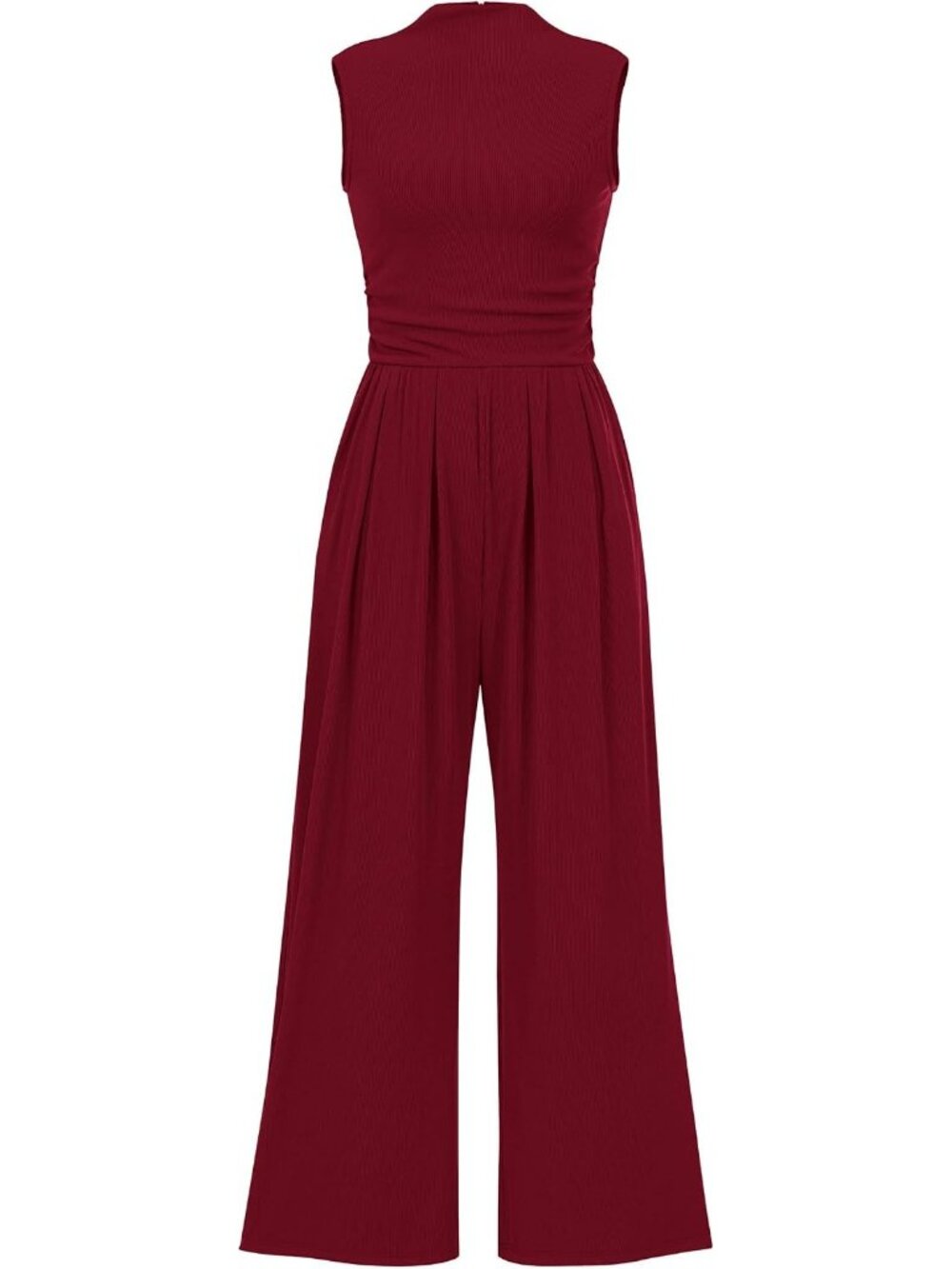 Women's Wine Red Jumpsuits Sleeveless Mock Neck Wide Leg Rompers Ribbed Cozy